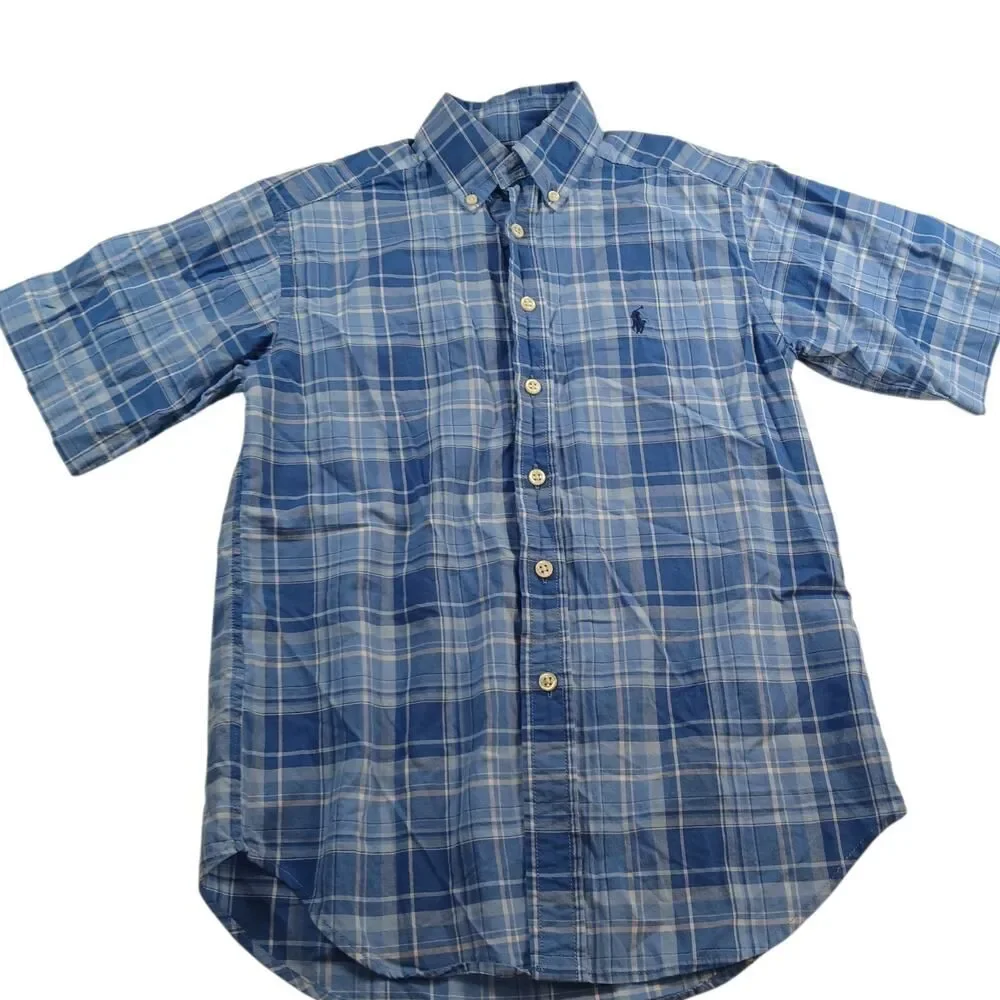 Stylish RALPH LAUREN Boys Blue Plaid Short Sleeve Dress Shirt - Size: Small/8